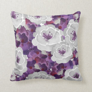 Purple Silver Grey Floral square accent pillow