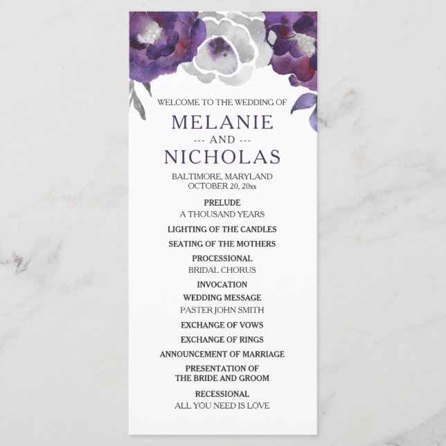 Purple Silver Grey Floral Wedding Program,  3953 Programme (Front)