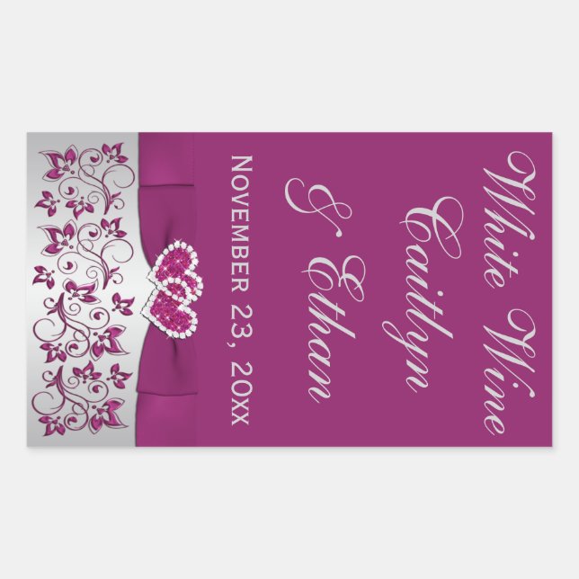 Purple, Silver Grey Floral Wedding Wine Bottle Rectangular Sticker (Front)