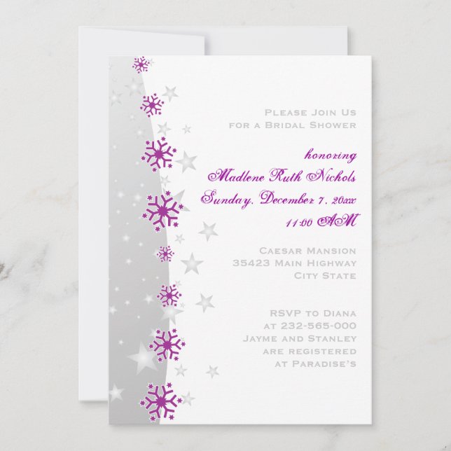 Purple silver grey snowflake wedding bridal shower invitation (Front)