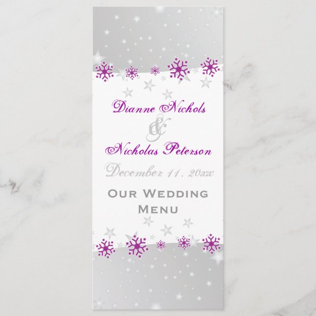 Purple silver grey snowflake wedding menu card (Front)