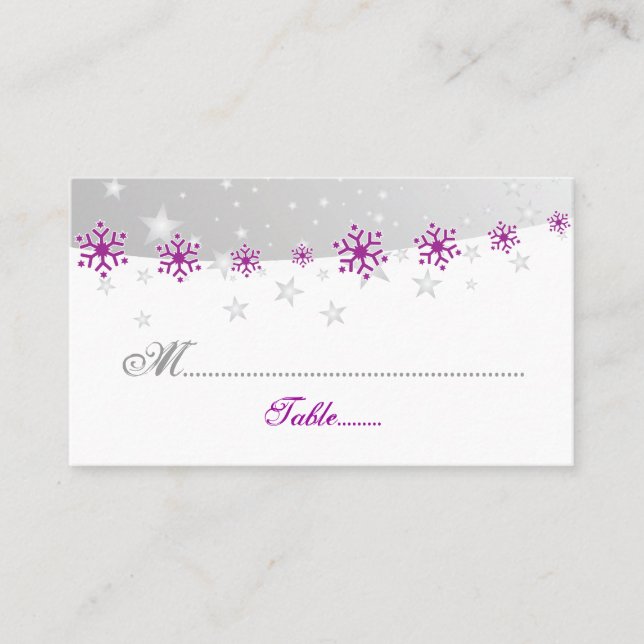 Purple silver grey snowflake wedding place card (Front)