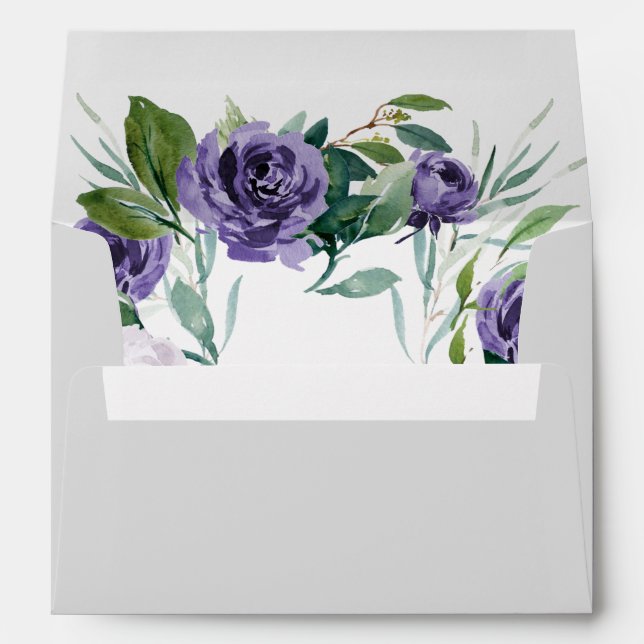 Purple Silver Grey Watercolor Floral Wedding Envelope (Back (Bottom))