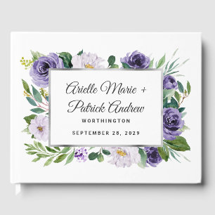 Purple Silver Grey Watercolor Floral Wedding Guest Book