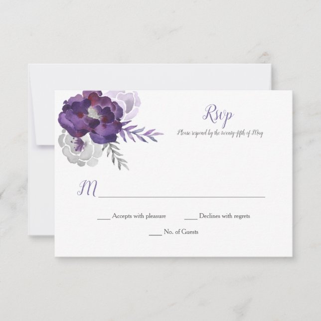 Purple Silver Grey Watercolor Roses RSVP (Front)