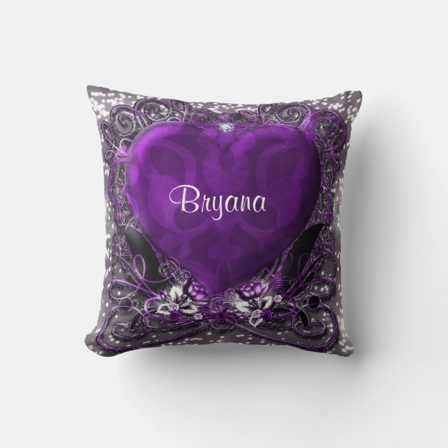 Purple & Silver Heart Sparkle Glamour Bling Cushion (Front)