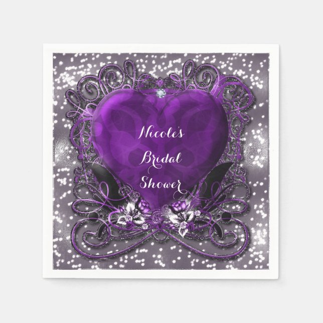 Purple & Silver Heart Sparkle Party Napkin (Front)
