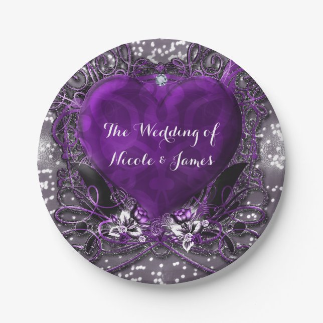 Purple & Silver Heart Sparkle Party Paper Plate (Front)