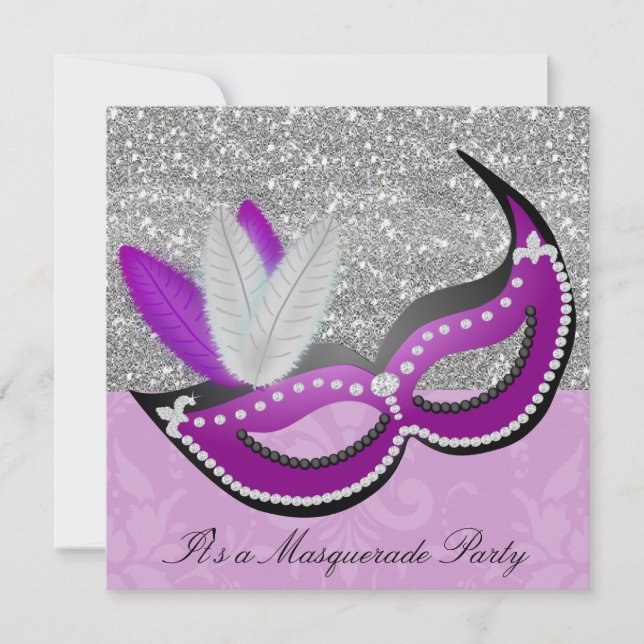 Purple & Silver Masquerade Party Venetian Mask Invitation (Front)