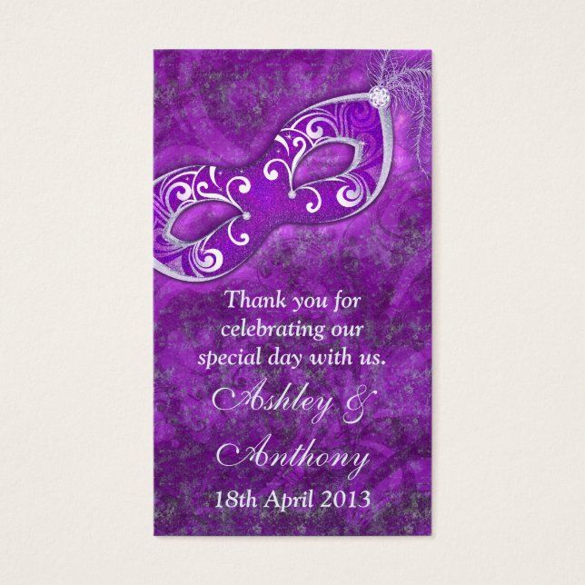 Purple Silver Masquerade Wedding Favour Tags (Front)