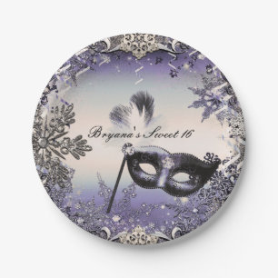 Purple & Silver Masquerade & Winter Snowflakes Paper Plate