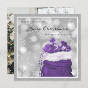Purple Silver Modern Photo Merry Christmas Card