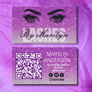 Purple Silver Ombre Glitter Lash Tech QR Code Business Card