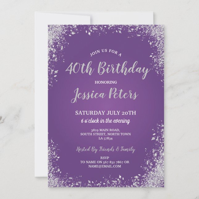 Purple & Silver Party Elegant Birthday Sparkle Invitation (Front)