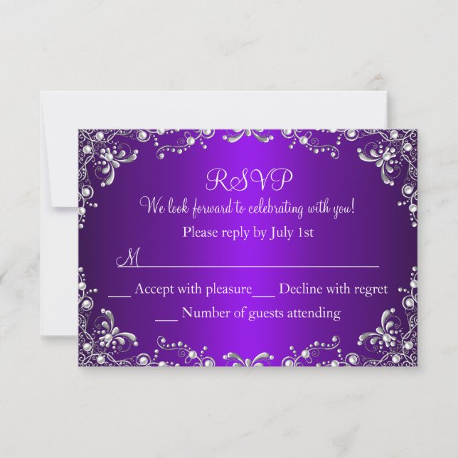Purple Silver Pearl Damask Sweet 16 RSVP (Front)
