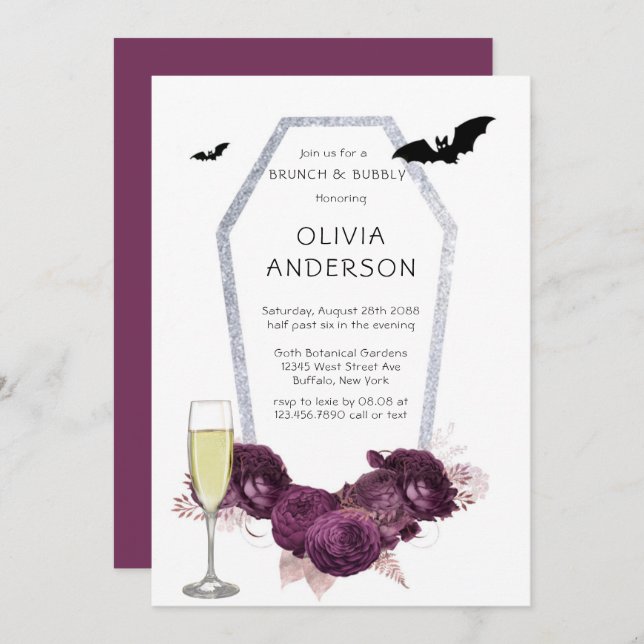  Purple Silver Peony Coffin Bats Brunch & Bubbly Invitation (Front/Back)