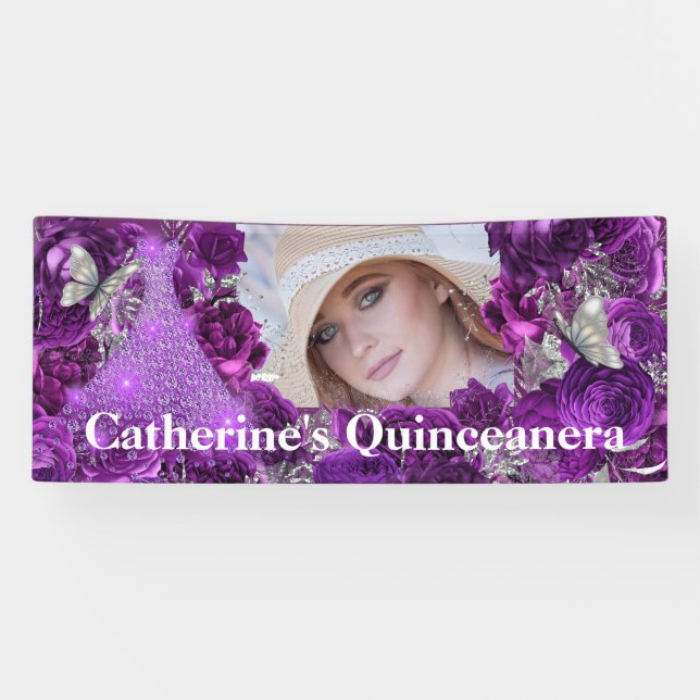 Purple silver photo glitter butterfly quinceanera banner (Horizontal)