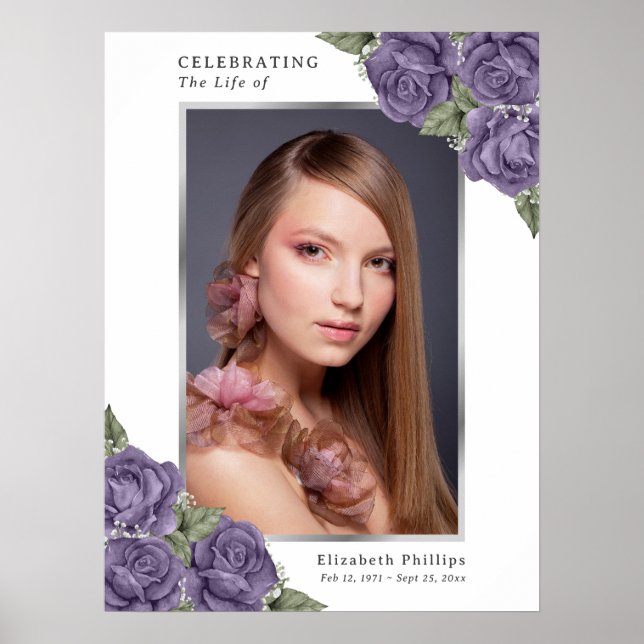 Purple Silver Photo Memorial Funeral Sign (Front)