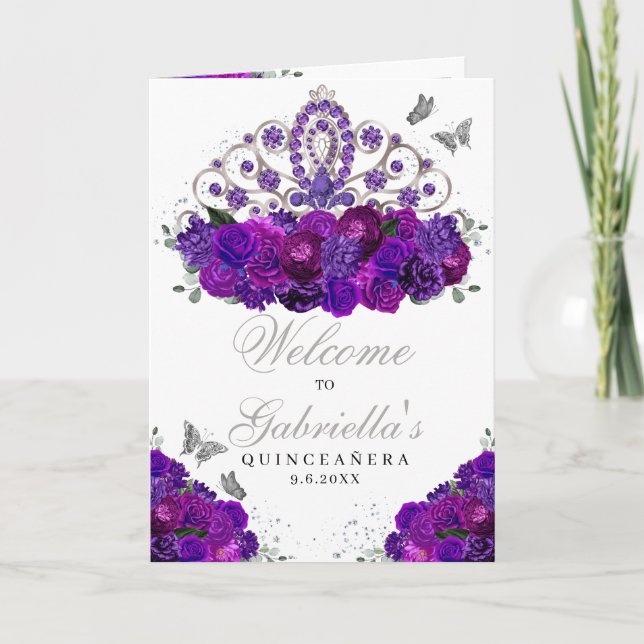 Purple Silver Princess Tiara Quinceanera Program Invitation (Front)