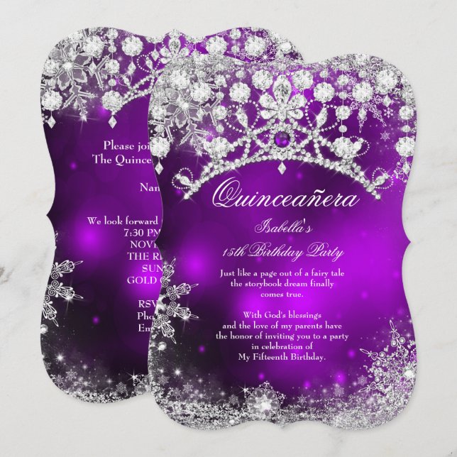 Purple silver Quinceanera 15th Winter Wonderland Invitation (Front/Back)