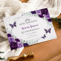 Purple Silver Quinceanera Floral Save the Date