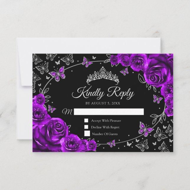 Purple Silver Quinceanera Reply RSVP Card (Front)