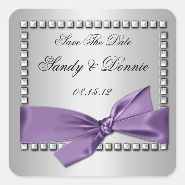 Purple Silver Ribbon Diamonds Save The Date Sticke Square Sticker (Front)