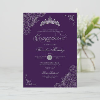 Purple & Silver Roses Elegant Quinceañera  Invitation