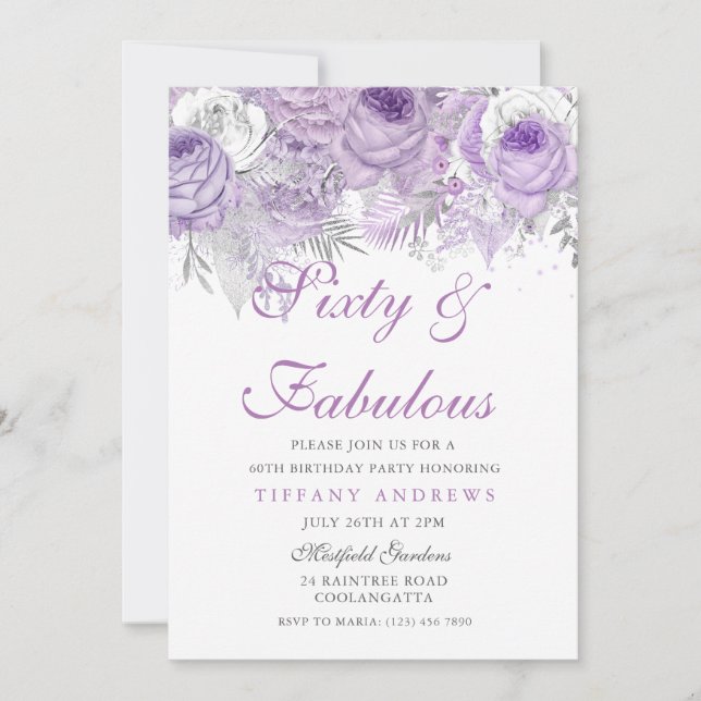 Purple Silver Sixty & Fabulous 60th Birthday Invitation (Front)