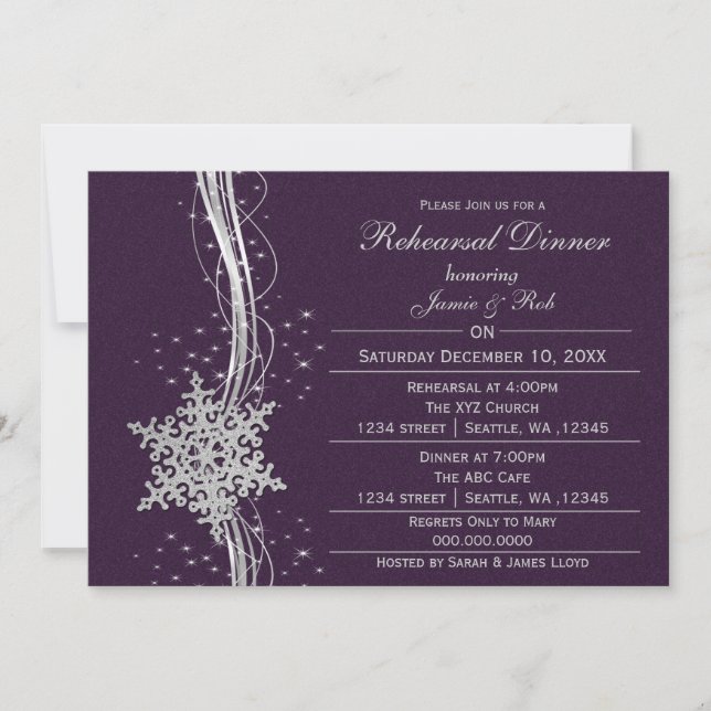 purple silver Snowflake Wedding Rehearsal Invites (Front)