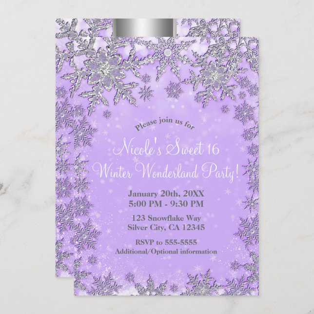 Purple Silver Snowflakes Winter Wonderland Party Invitation (Front/Back)
