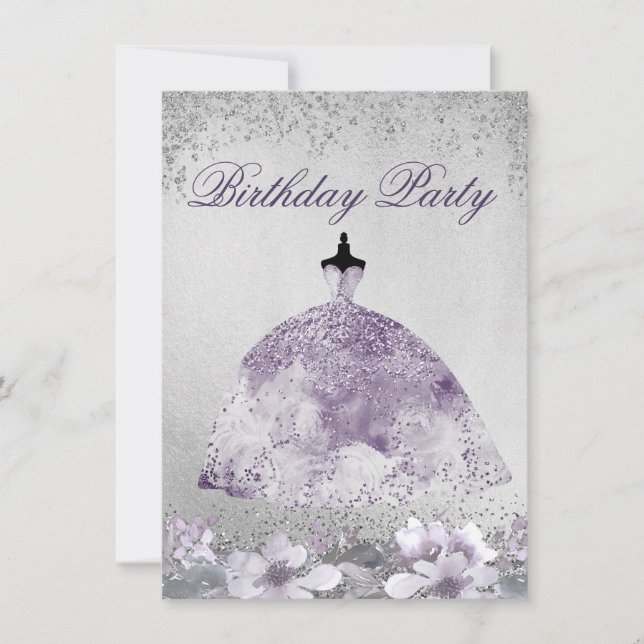 Purple Silver Sparkle Dress Birthday Party Invite (Front)