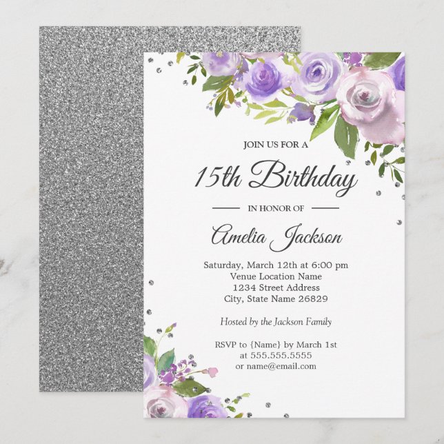 Purple Silver Sparkle Floral 15th Birthday Invite (Front/Back)
