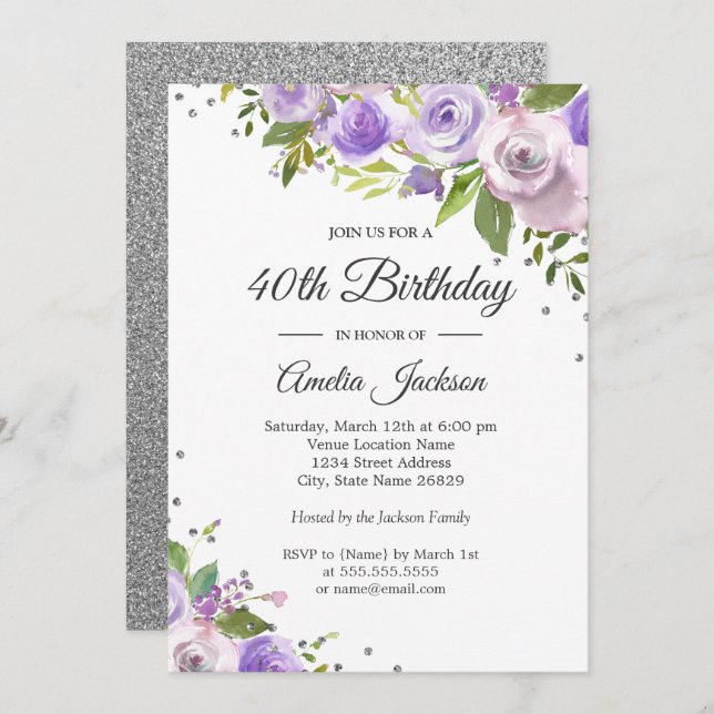 Purple Silver Sparkle Floral 40th Birthday Invite (Front/Back)