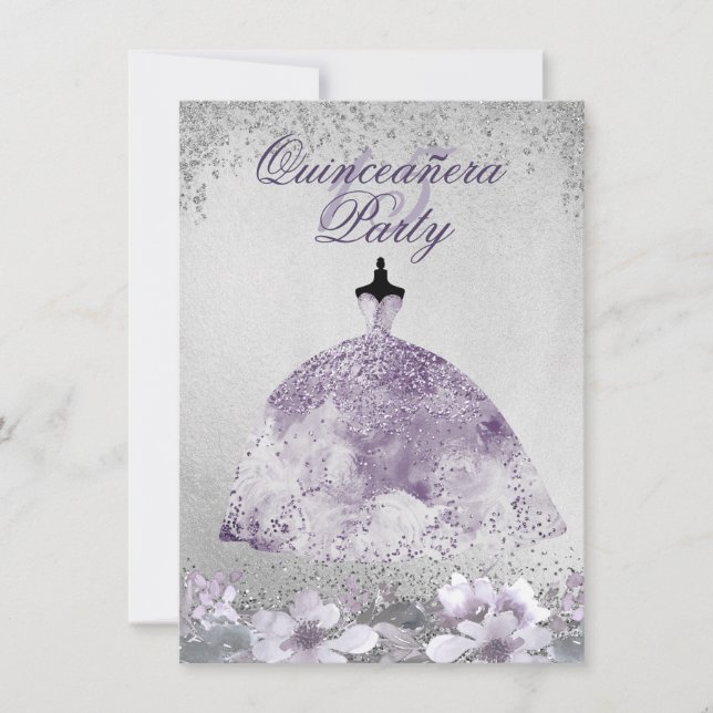 Purple Silver Sparkle Floral Dress Quinceanera Invitation (Front)