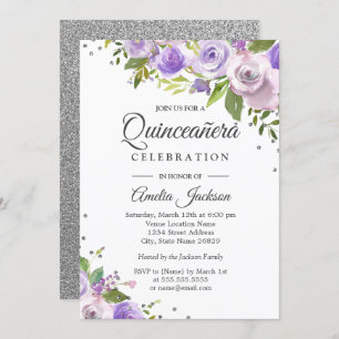 Purple Silver Sparkle Floral Quinceanera Invite