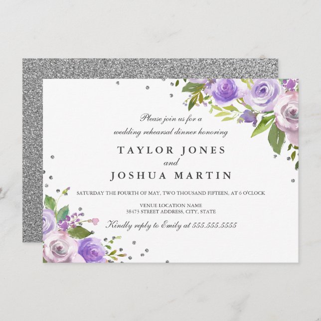 Purple Silver Sparkle Floral Rehearsal Dinner Invitation (Front/Back)