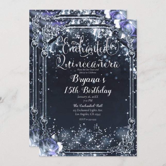 Purple Silver Sparkle Lights Roses Quinceañera    Invitation (Front/Back)