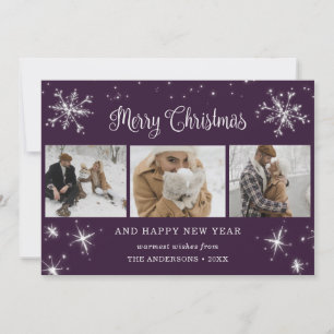 Purple Silver Sparkly Snowflake Photo Collage Holiday Card