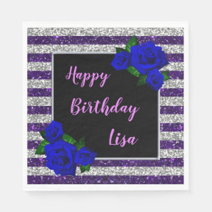 Purple Silver Stripes Glitter Deep Blue Roses Napkin
