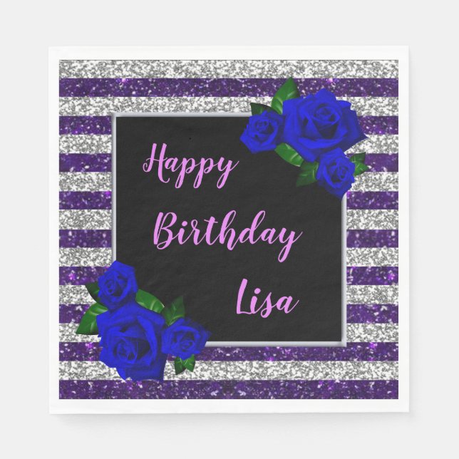 Purple Silver Stripes Glitter Deep Blue Roses Napkin (Front)