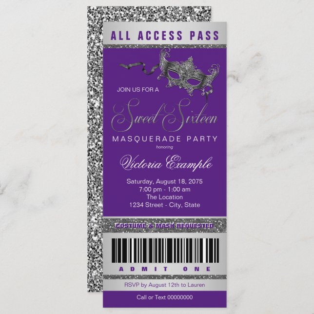Purple Silver Sweet 16 Masquerade Party Ticket Invitation (Front/Back)