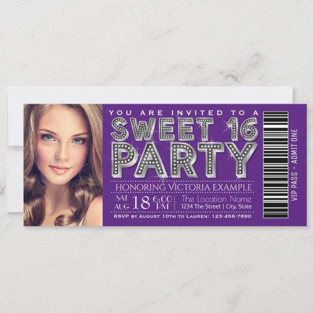 Purple Silver Sweet 16 Ticket Invitation (Front)