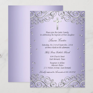 Purple Silver Swirl & Cross Baptism/Christening Invitation