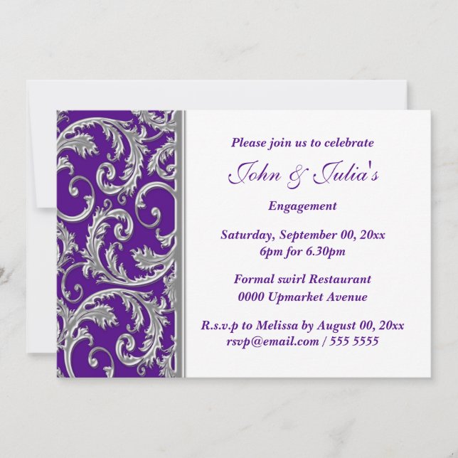 Purple silver swirl engagement anniversary CUSTOM Invitation (Front)