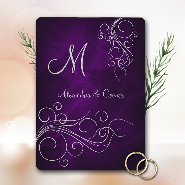 Purple Silver Swirl Monogram Formal Wedding Invitation (Creator Uploaded)