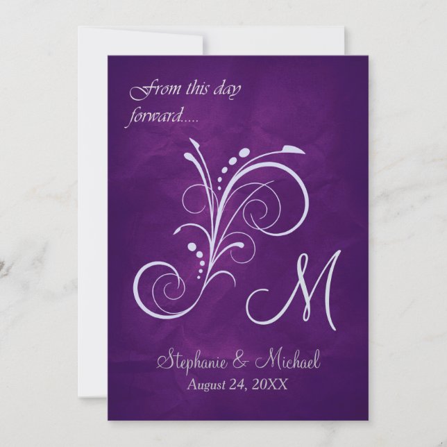 Purple Silver Swirl Monogram Wedding Invitation (Front)