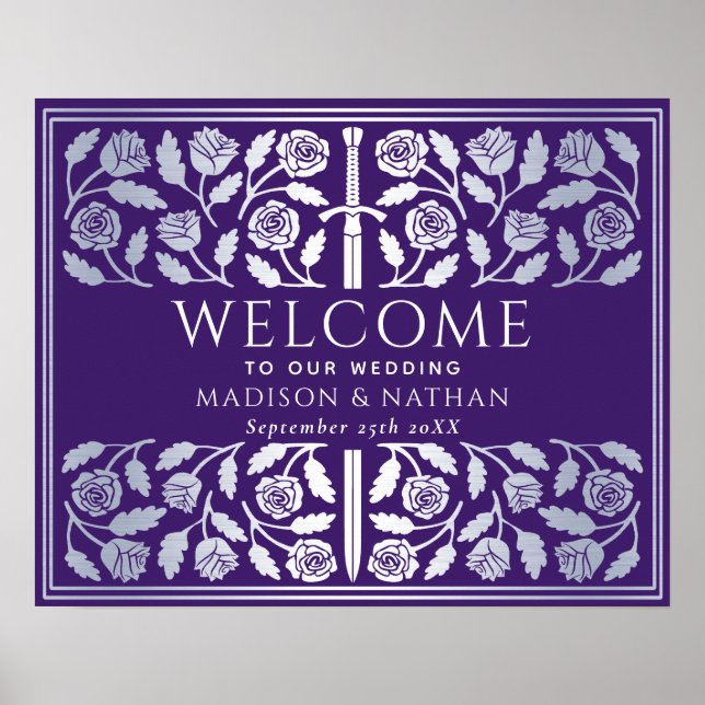 Purple Silver Sword Royal Wedding Welcome Sign (Front)