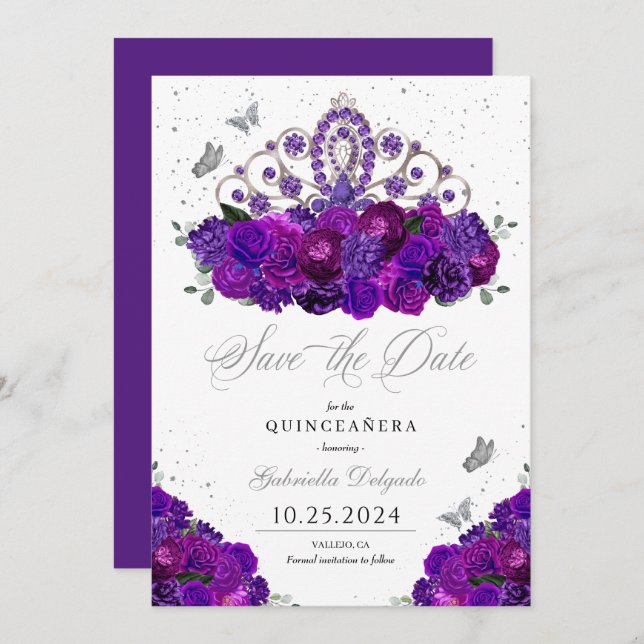 Purple & Silver Tiara Save The Date Quinceañera Invitation (Front/Back)