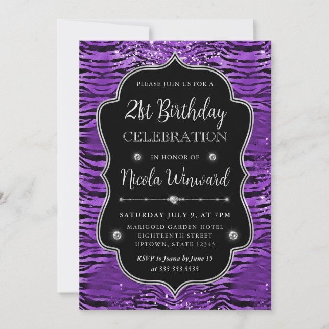 Purple Silver Tiger Stripes Glitter Frame Birthday Invitation (Front)